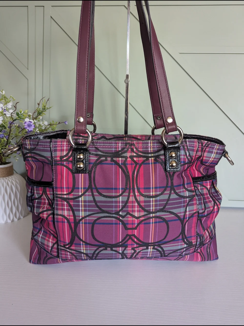 Coach Pink and Purple Plaid Signature Tote